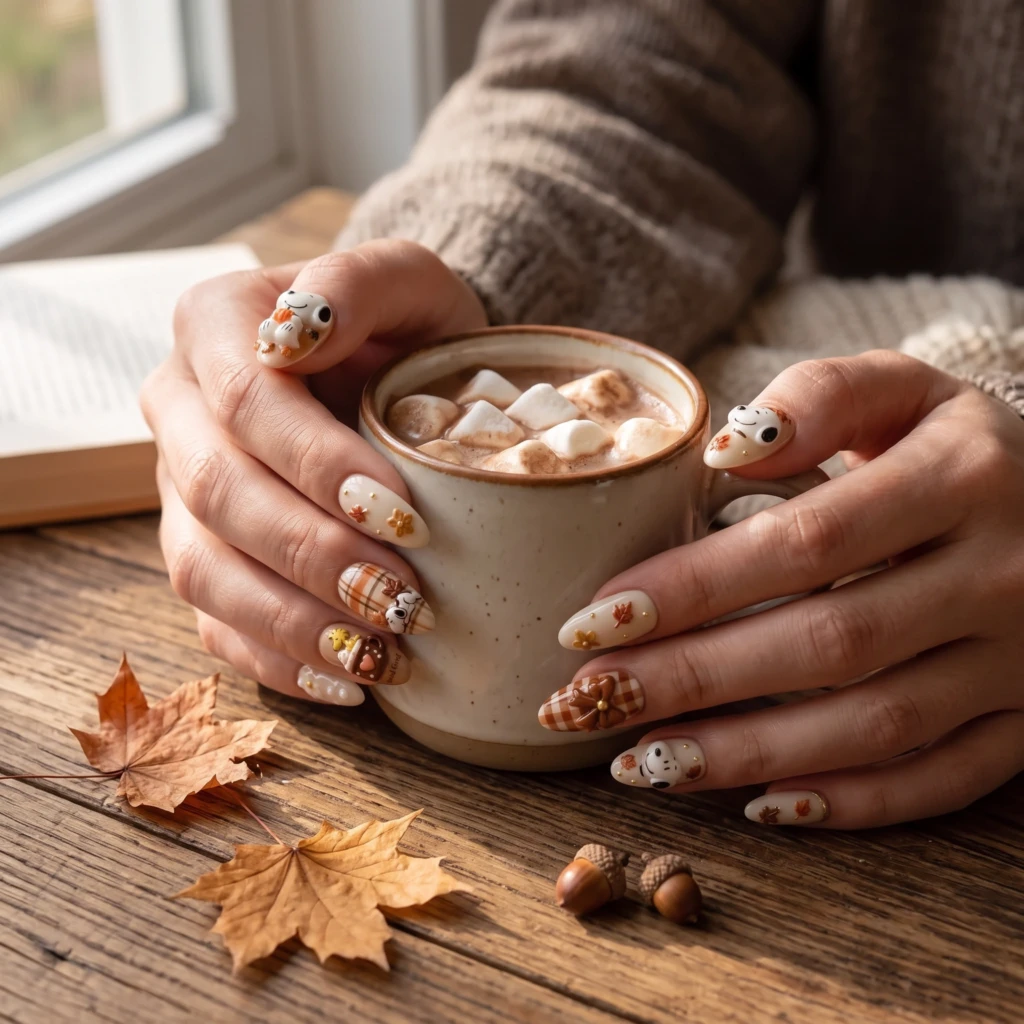 Brown Fall Cartoon Snoopy, Almond Press On Nails, Cozy Autumn Season Styling