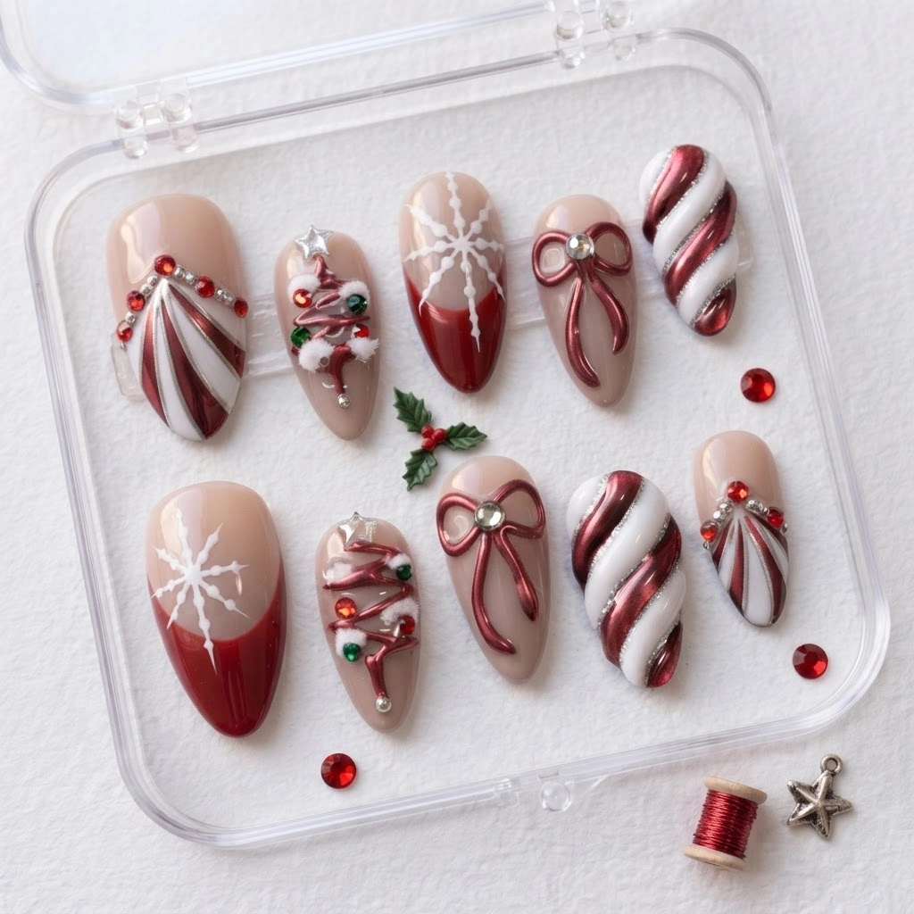 Red White Holiday Christmas Art, Almond Press On Nails, Winter Party Manicure