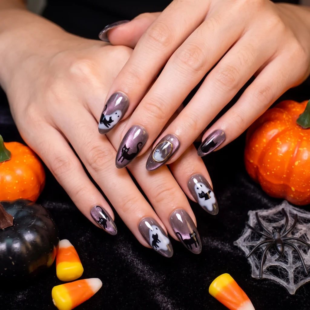 Dark Purple Ghost And Black Cat, Almond Press On Nails, Cute Halloween Party