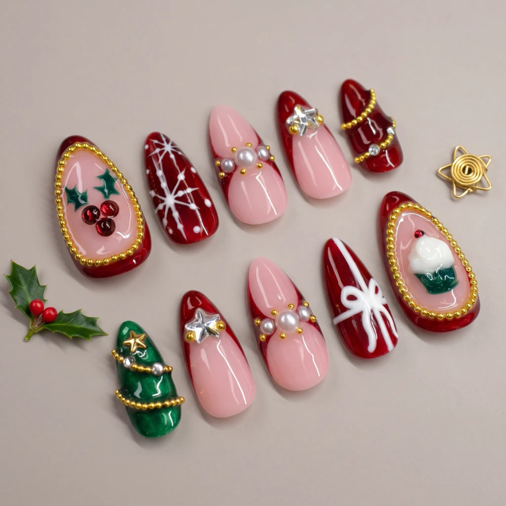 Red And Pink Christmas Accents, Almond Press On Nails, Holiday Party Look