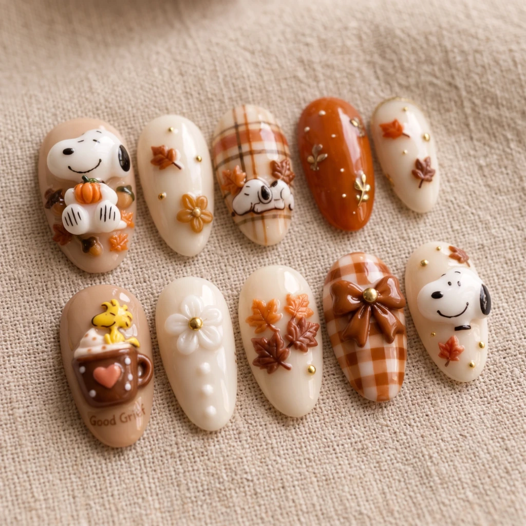 Brown Fall Cartoon Snoopy, Almond Press On Nails, Cozy Autumn Season Styling