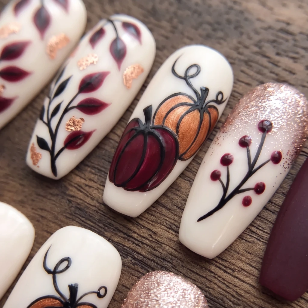 Burgundy Glitter Pumpkin Art, Handmade Press On Nails, Fall Holiday Wear