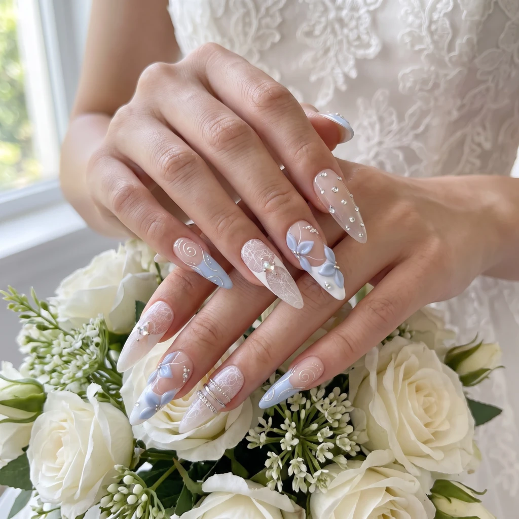 Blue Lace Floral Rhinestone Accents, Press On Nails, Bridal Wedding Wear
