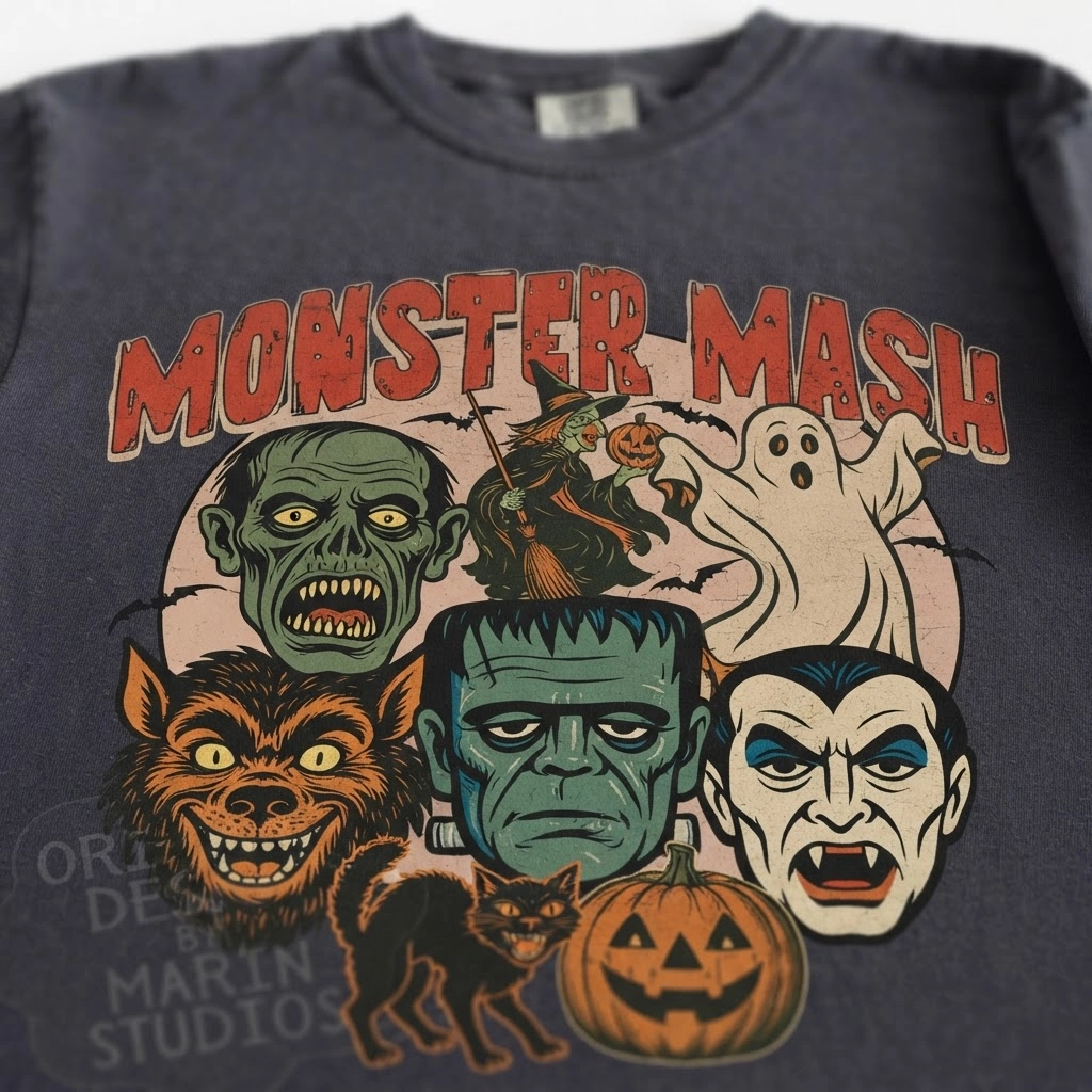 Monster Mash Vintage Graphic Print Garment Dyed Tee, T-Shirt, Halloween Apparel