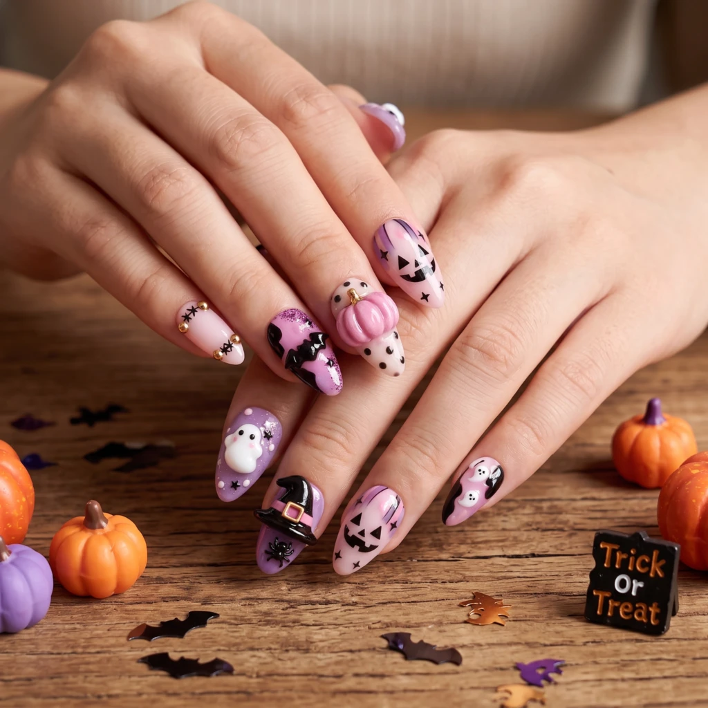 Pink And Purple 3D Trick Or Treat, Press On Nails, Halloween Costume Party