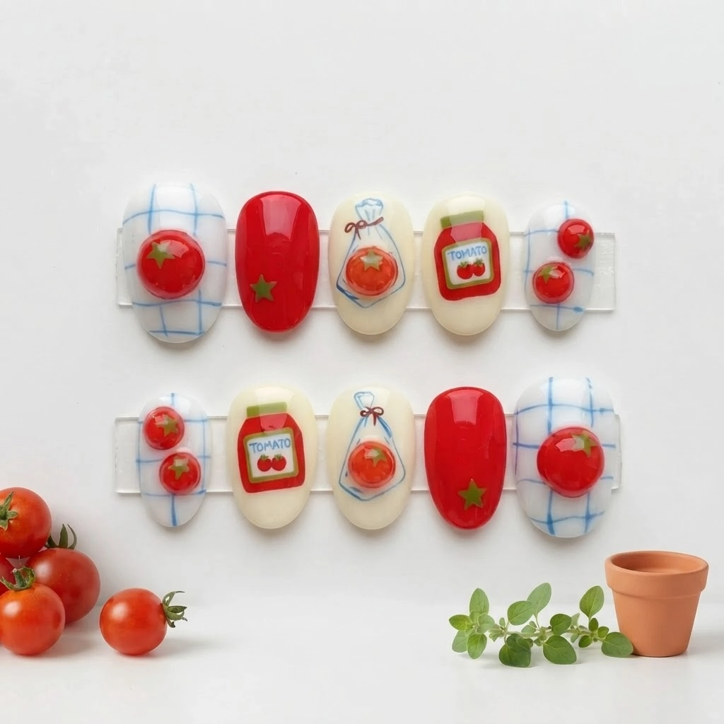 Red And White 3D Tomato Nail Art, Press On Nails, Quirky Summer Manicure
