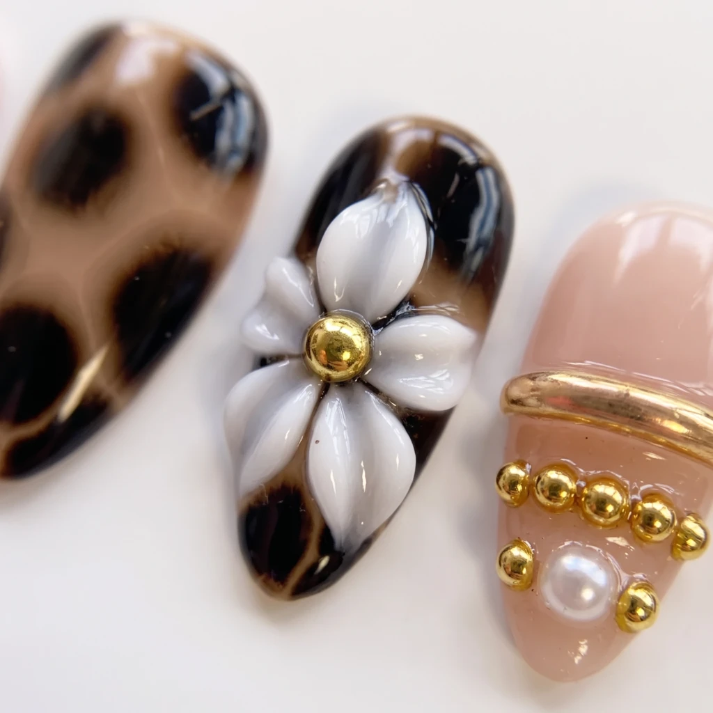 Brown Tortoise Shell 3D Flower Pearls, Long Almond Nails, Fall Party Glam