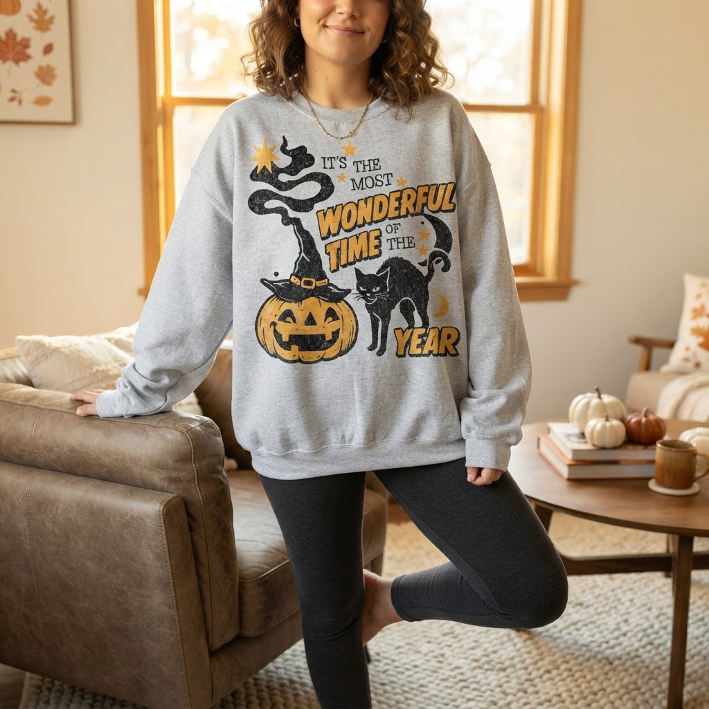 Most Wonderful Time Black Cat Pumpkin Design, Sweatshirt, Spooky Grey Fall