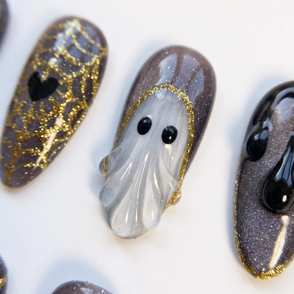 Grey Ghost And Spiderweb, Gothic Cat Eye Press On Nails, Halloween Gift