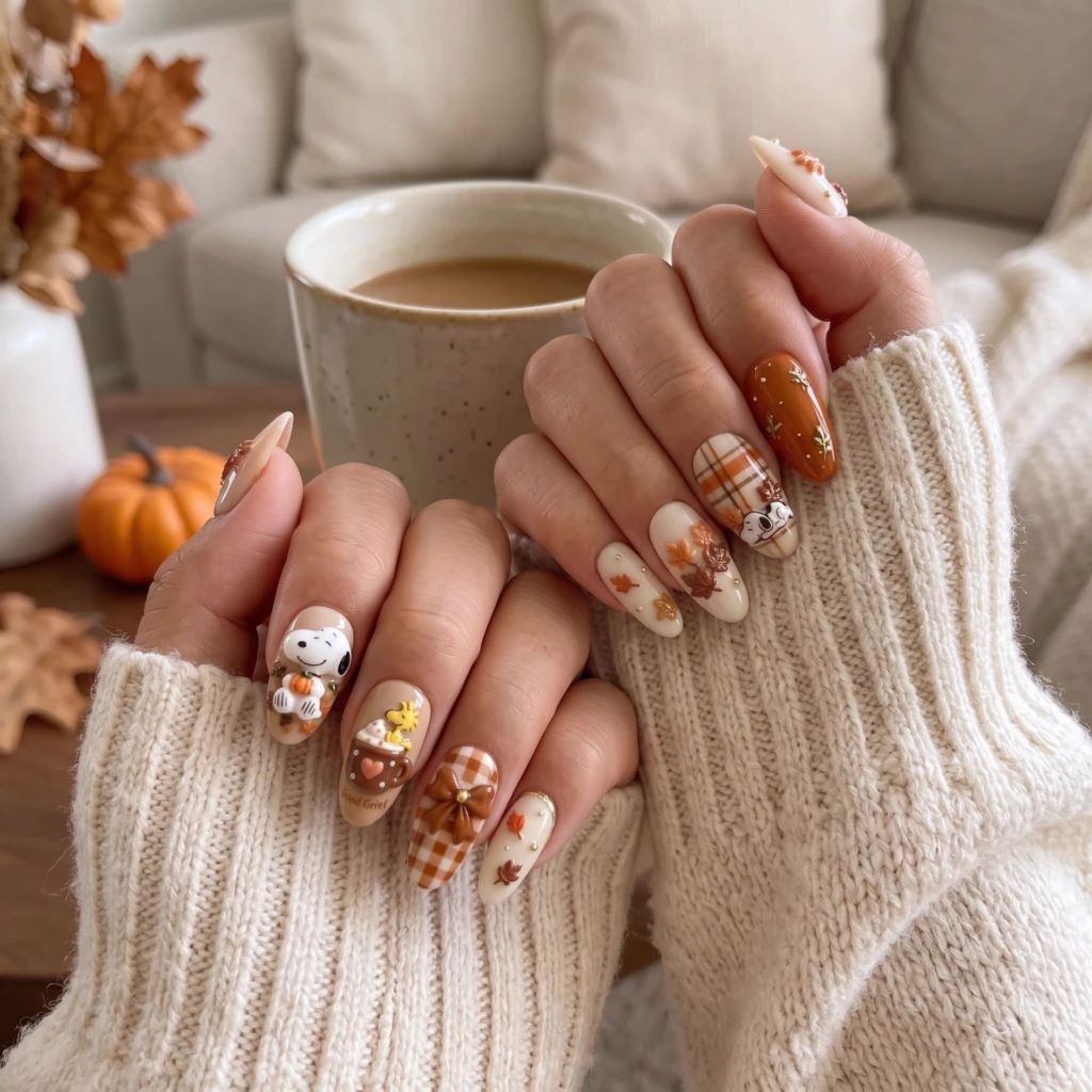 Brown Fall Cartoon Snoopy, Almond Press On Nails, Cozy Autumn Season Styling