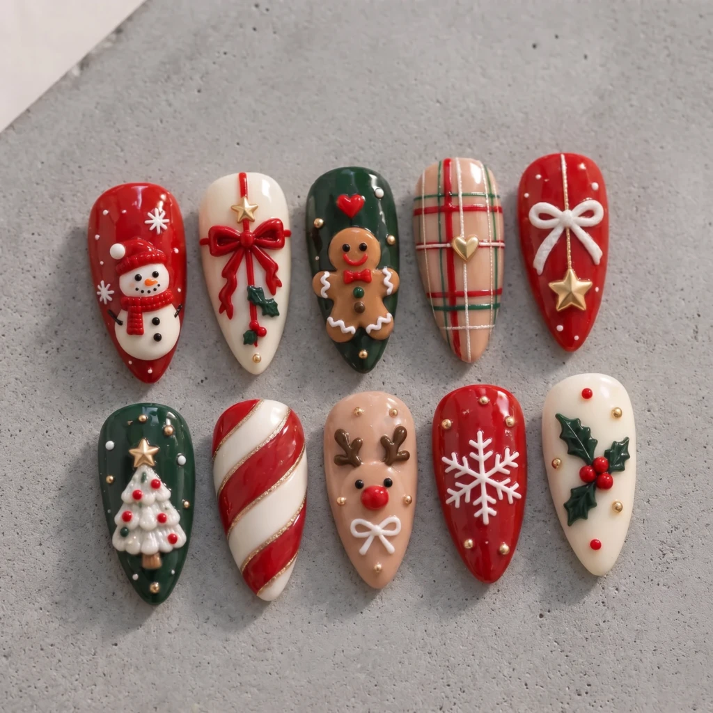 Red And Green Gingerbread Snowman Art, Press On Nails, Christmas Party Wear