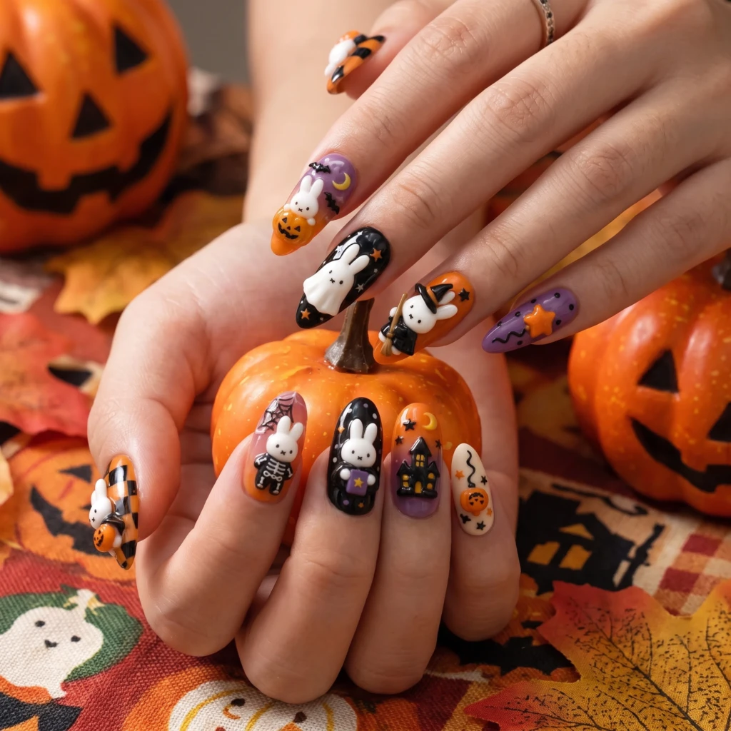 Orange Black Cute Bunny Witch, Almond Press On Nails, Halloween Party Wear