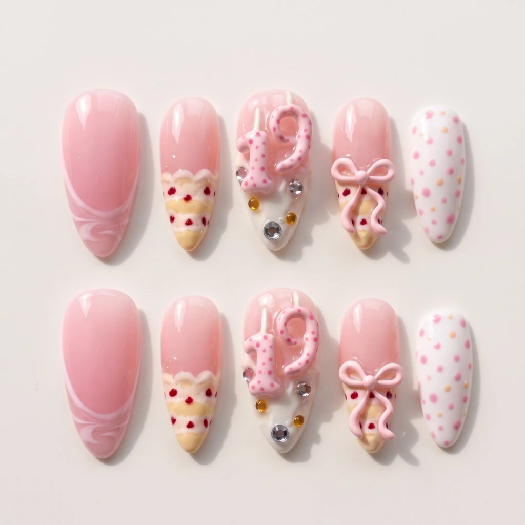 Pink 3D Birthday Cake Number, Coquette Press On Nails, Birthday Party Gift