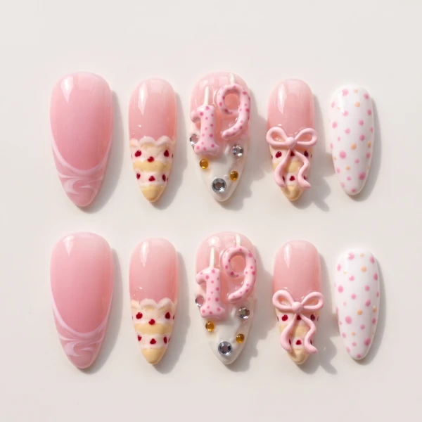 Pink 3D Birthday Cake Number, Coquette Press On Nails, Birthday Party Gift