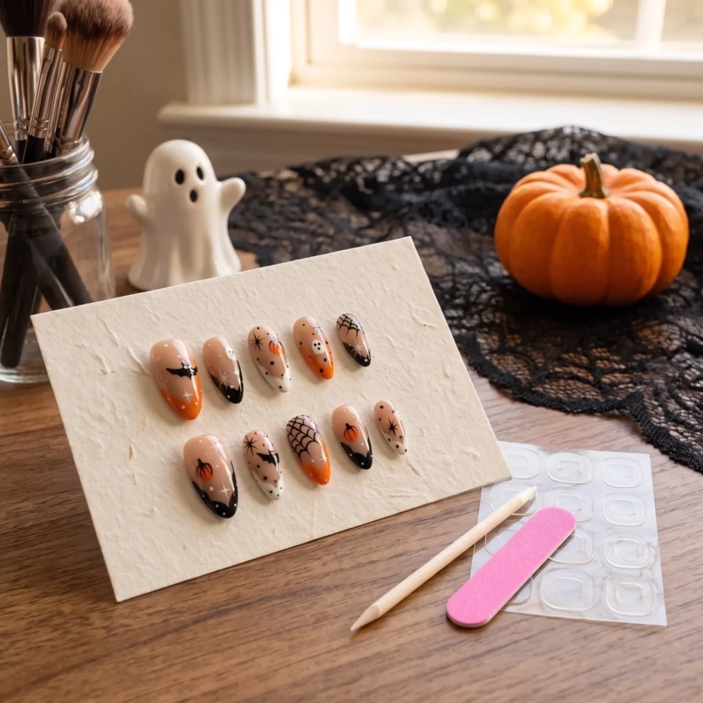 Orange Nude Ghost Pumpkin Art, Almond Press On Nails, Spooky Halloween Party