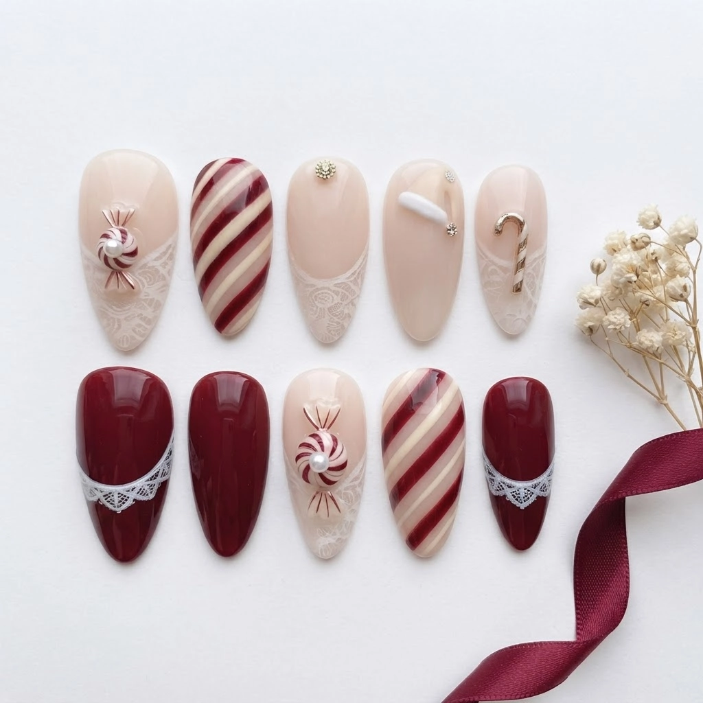 Burgundy Candy Cane Lace Design, Press On Nails Set, For Christmas Holiday