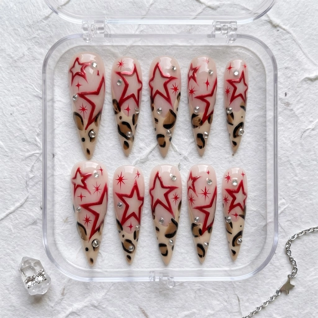 Nude Red Star Leopard Print Design, Y2K Stiletto Press On Nails, For Party Wear