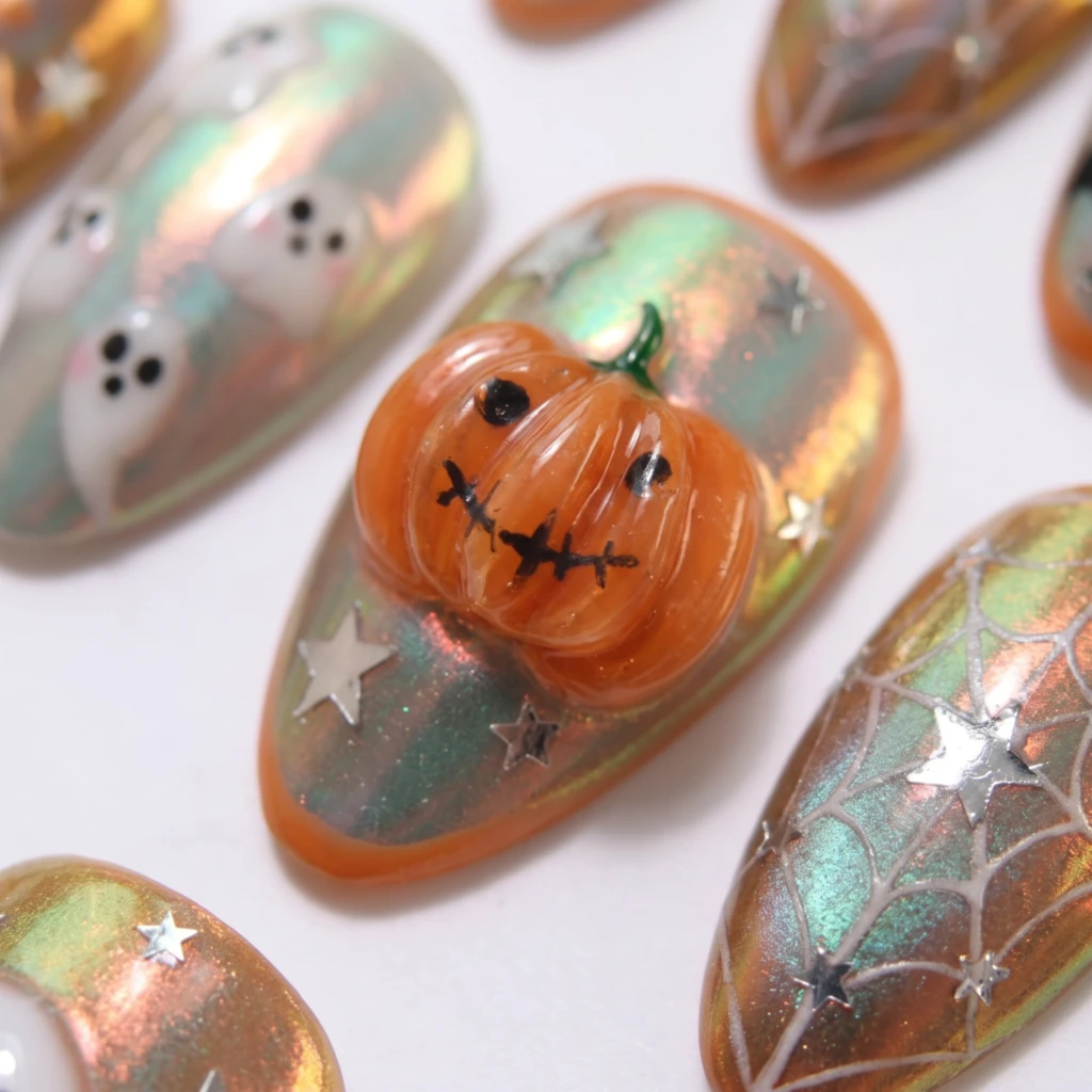 Orange Green 3D Ghost Pumpkin, Medium Almond Nails, Kawaii Halloween Nail Art
