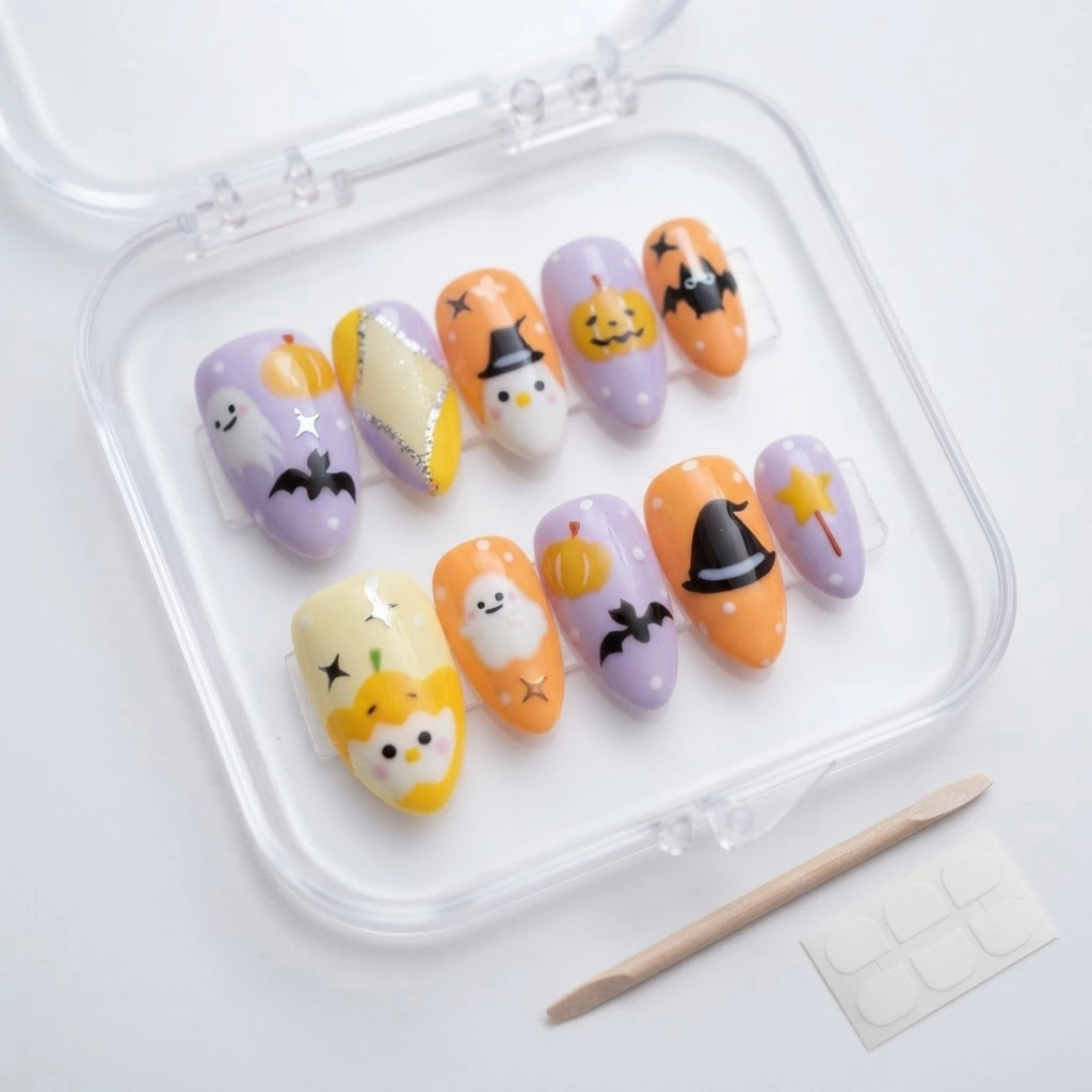 Colorful Halloween Ghost And Pumpkin Art, Press On Nails, For Spooky Season