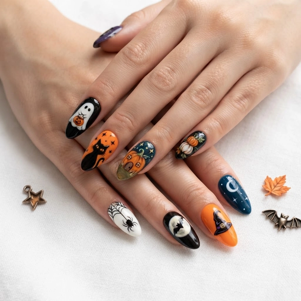 Multicolor Halloween Pumpkin Witch Cat Skeleton, Press On Nails, Party Gift