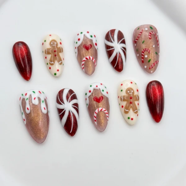 Red Glitter Gingerbread Men And Candy Cane, Almond Press On Nails, Holiday Gift