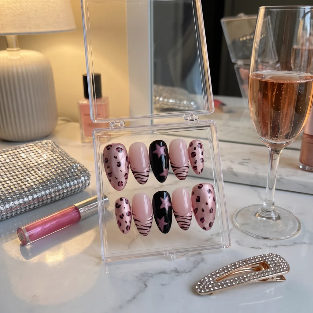 Pink Leopard Star Zebra Design, Y2K Press On Nails, Night Party Gift Idea