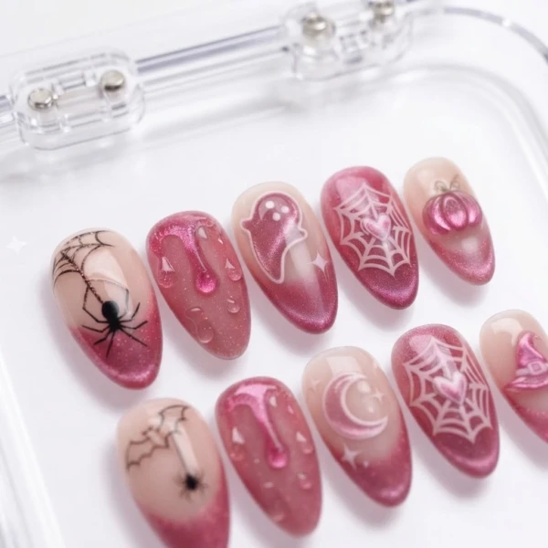 Pink Ghost And Spider Web Nail Art, Press On Nails, Halloween Gift For Her