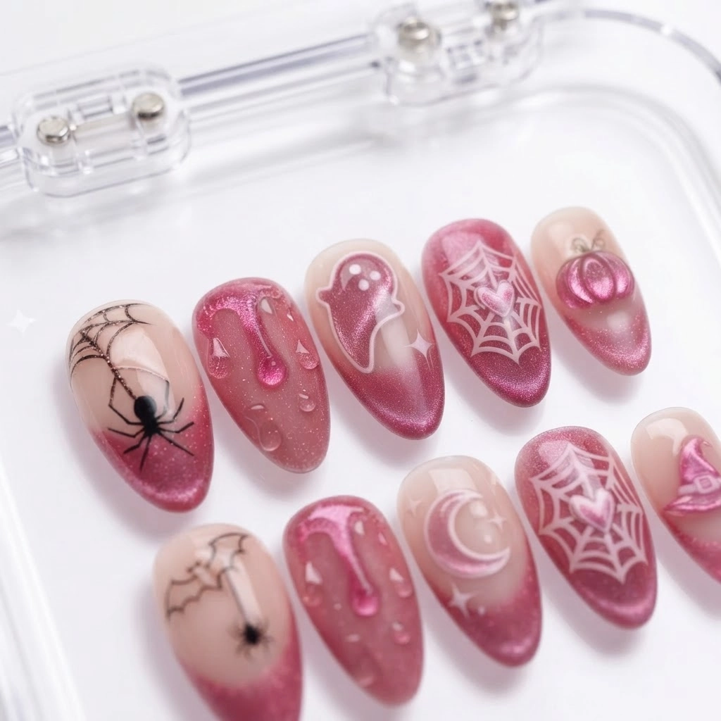Pink Ghost And Spider Web Nail Art, Press On Nails, Halloween Gift For Her