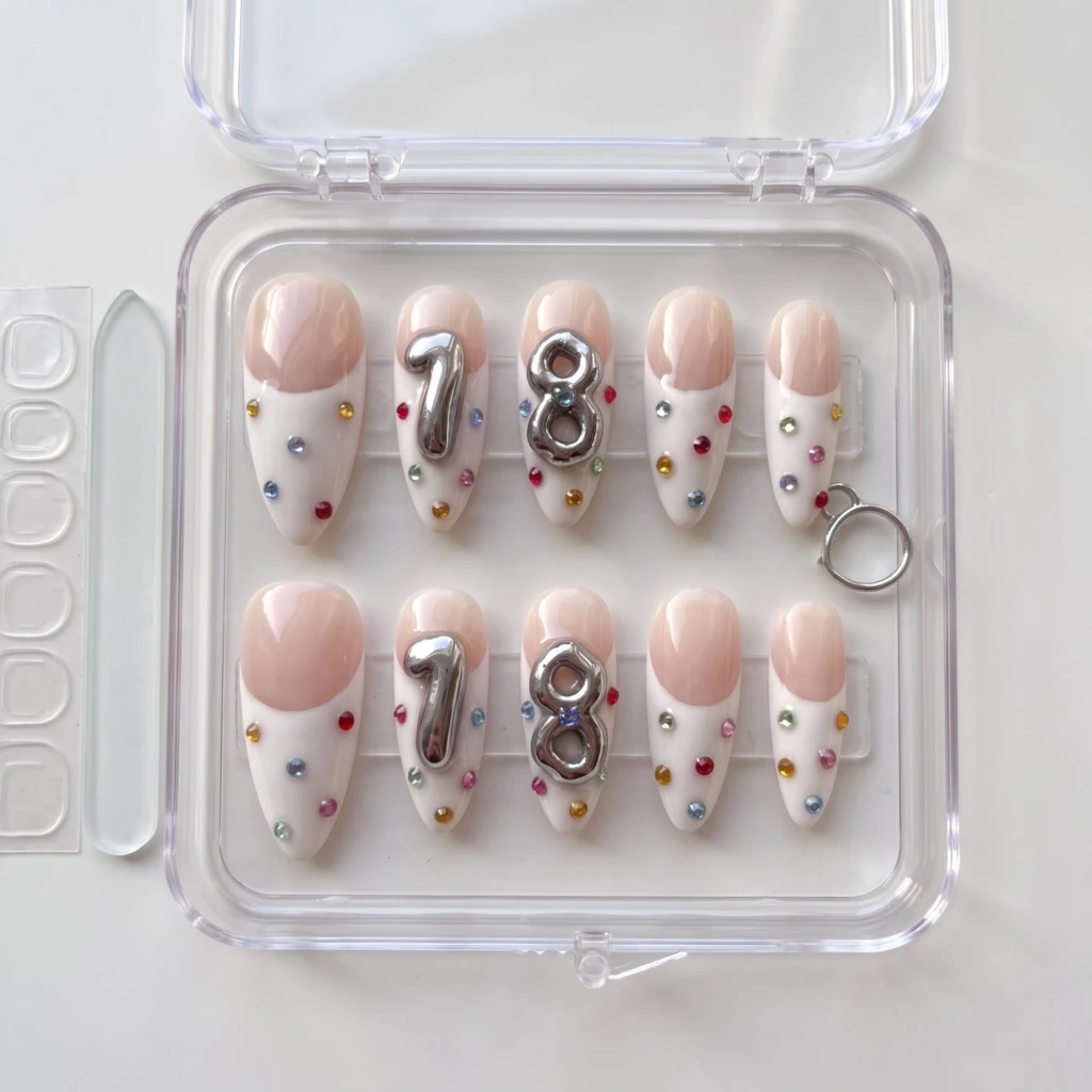 White French 3D Silver Number Gems, Glamorous Press On Nails, Birthday Present