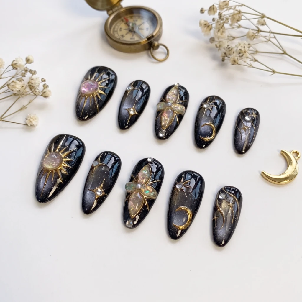 Black 3D Gold Chrome Sun And Stars, Gothic Almond Nails, Party Night Look