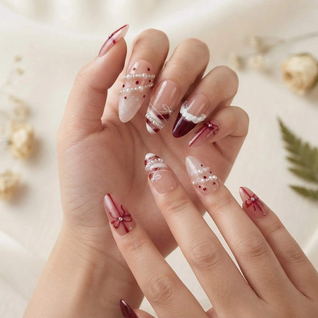 Red 3D Christmas Bows & Pearls, Press On Nails, Festive Holiday Gift Idea