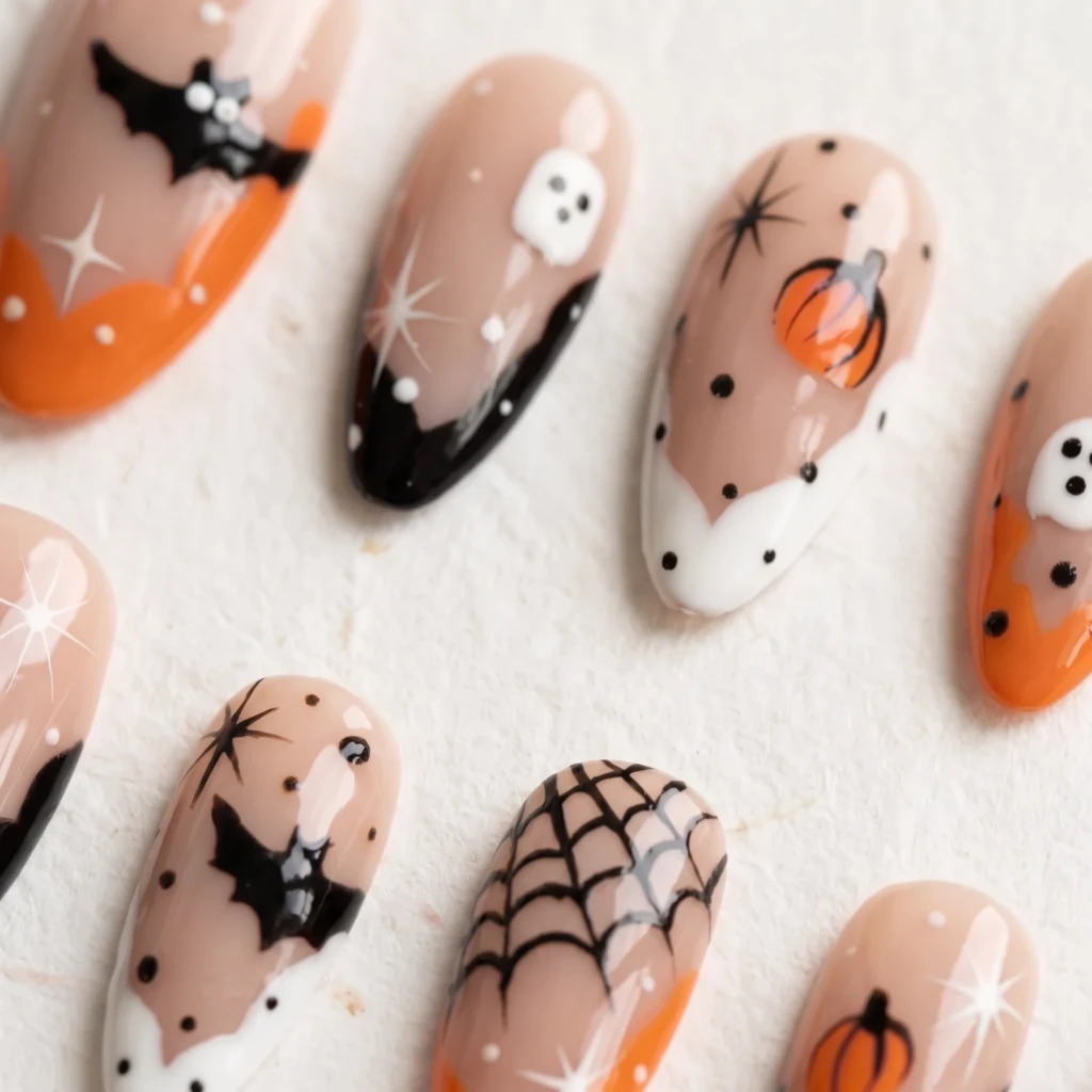 Orange Nude Ghost Pumpkin Art, Almond Press On Nails, Spooky Halloween Party