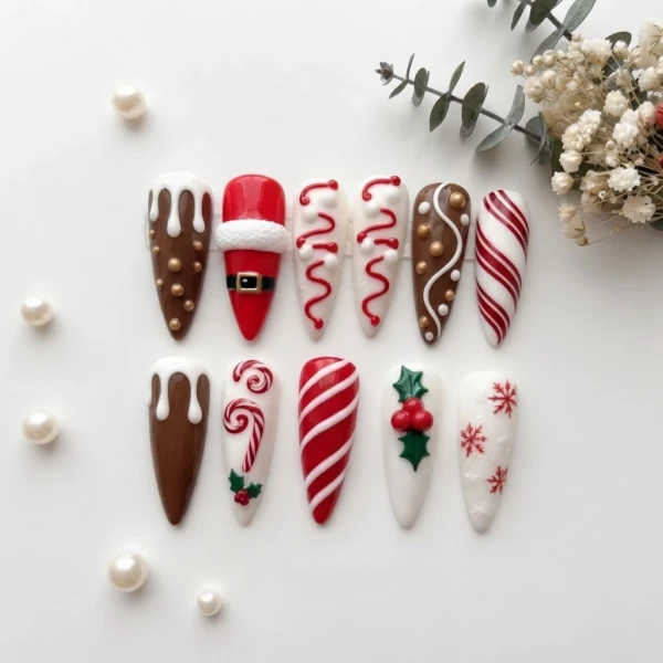 Red 3D Santa Candy Cane Gingerbread Press On Nails, Festive Holiday Gift