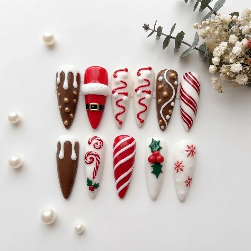 Red 3D Santa Candy Cane Gingerbread Press On Nails, Festive Holiday Gift