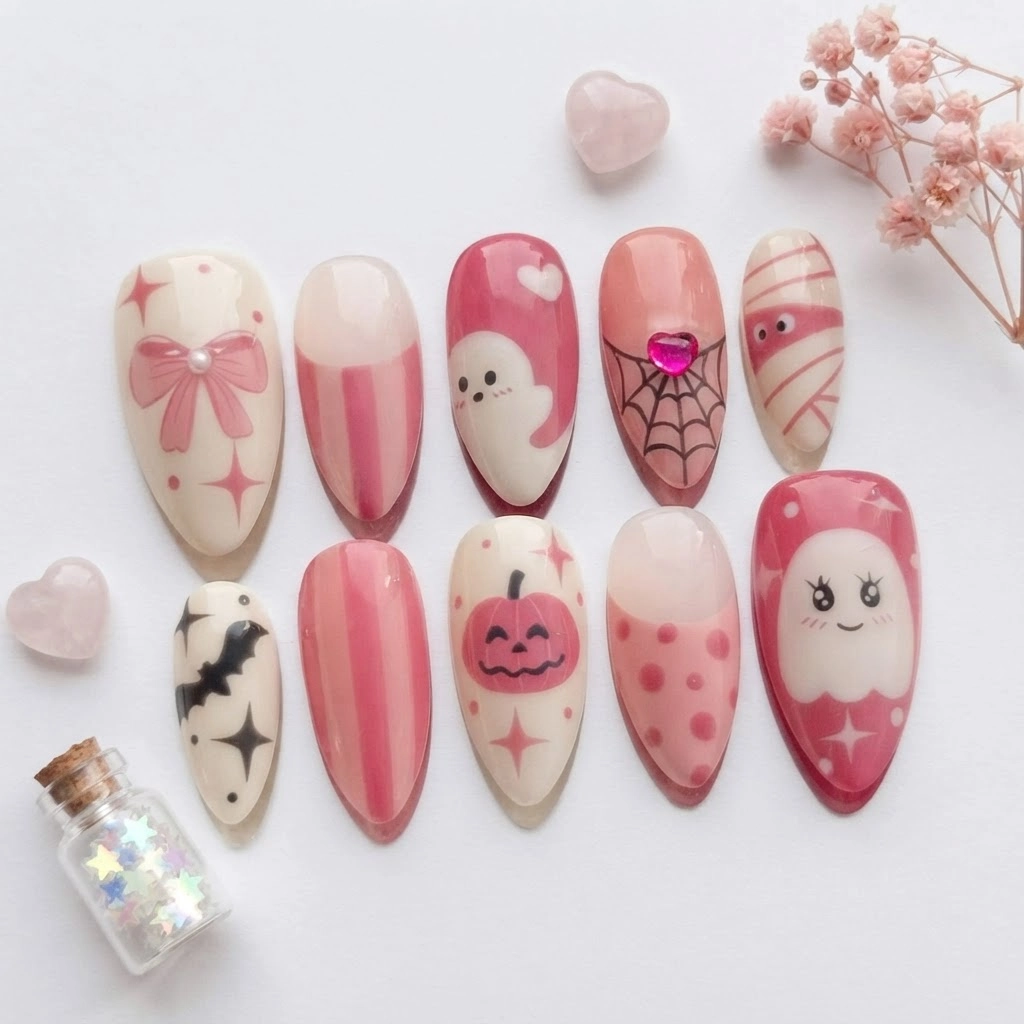 Pink Bow Ghost Pumpkin Bat French Tip Design, Press On Nails, Halloween Look