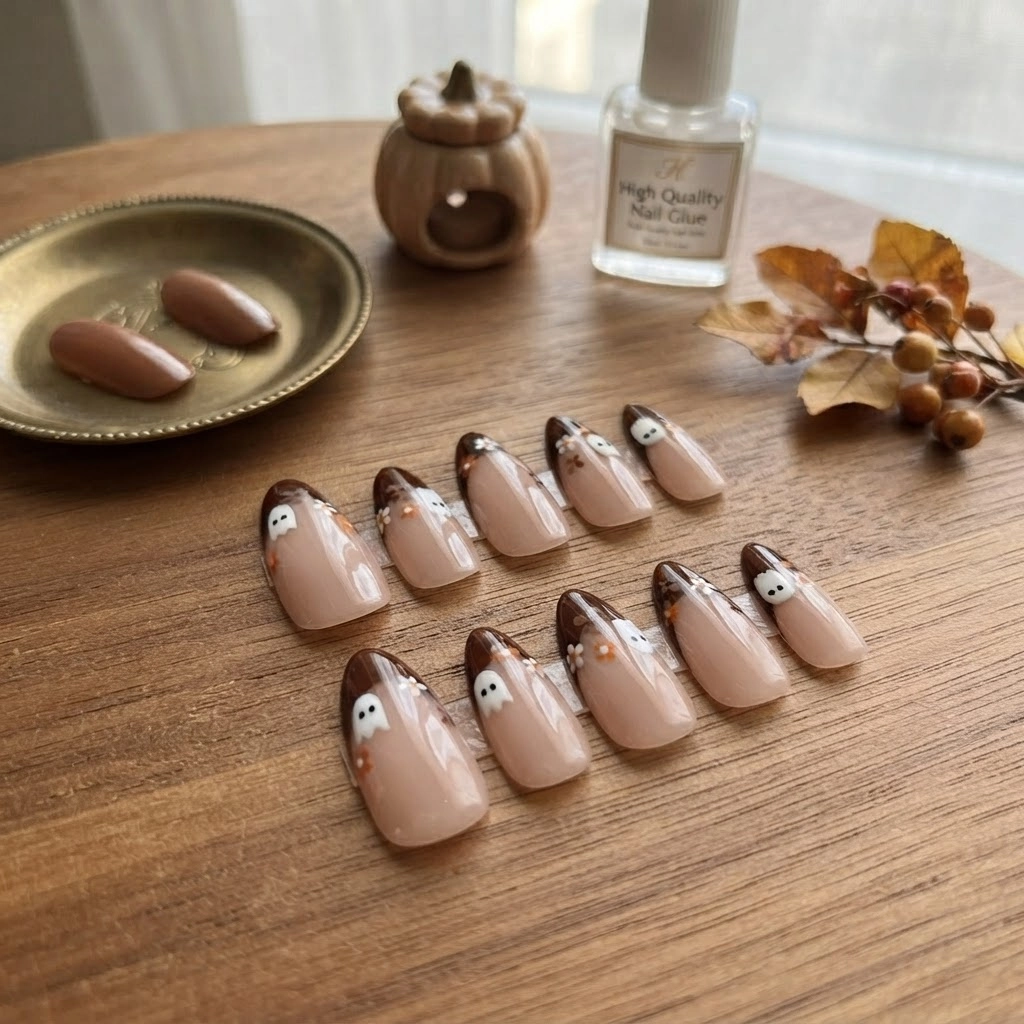 Brown Ghost Floral French Tip, Press On Nails, Autumn Halloween Nail Art