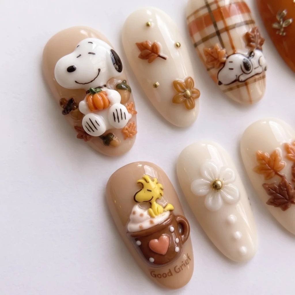 Brown Fall Cartoon Snoopy, Almond Press On Nails, Cozy Autumn Season Styling