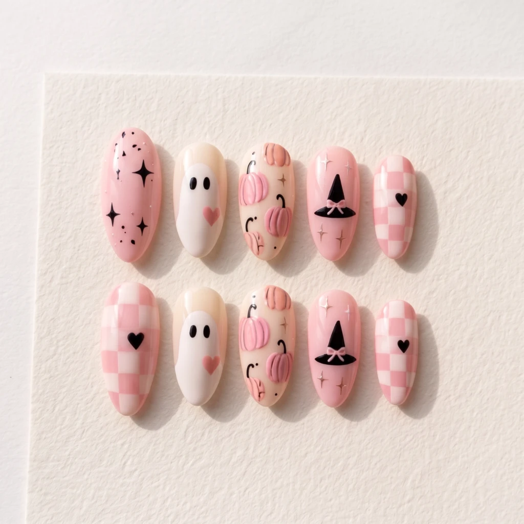 Pink Ghost Pumpkin Art, Coquette Press On Nails, Cute Halloween Party Gift