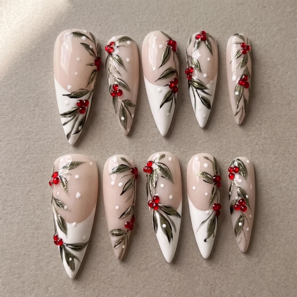 White Mistletoe Leaves, French Tip Stiletto Nails, Christmas Holiday Gift