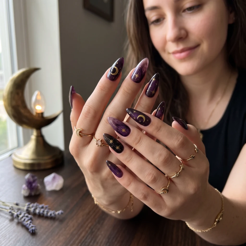 Dark Purple Gold Star And Moon, Gothic Press On Nails, Night Party Gift Idea