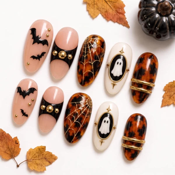 Tortoiseshell Ghost And Spiderweb, Almond Press On Nails, Halloween Party