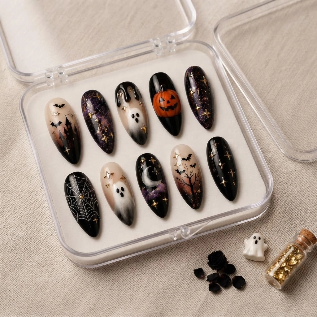 Black Spooky Halloween Ghost Press On Nails, Almond Style, Costume Party