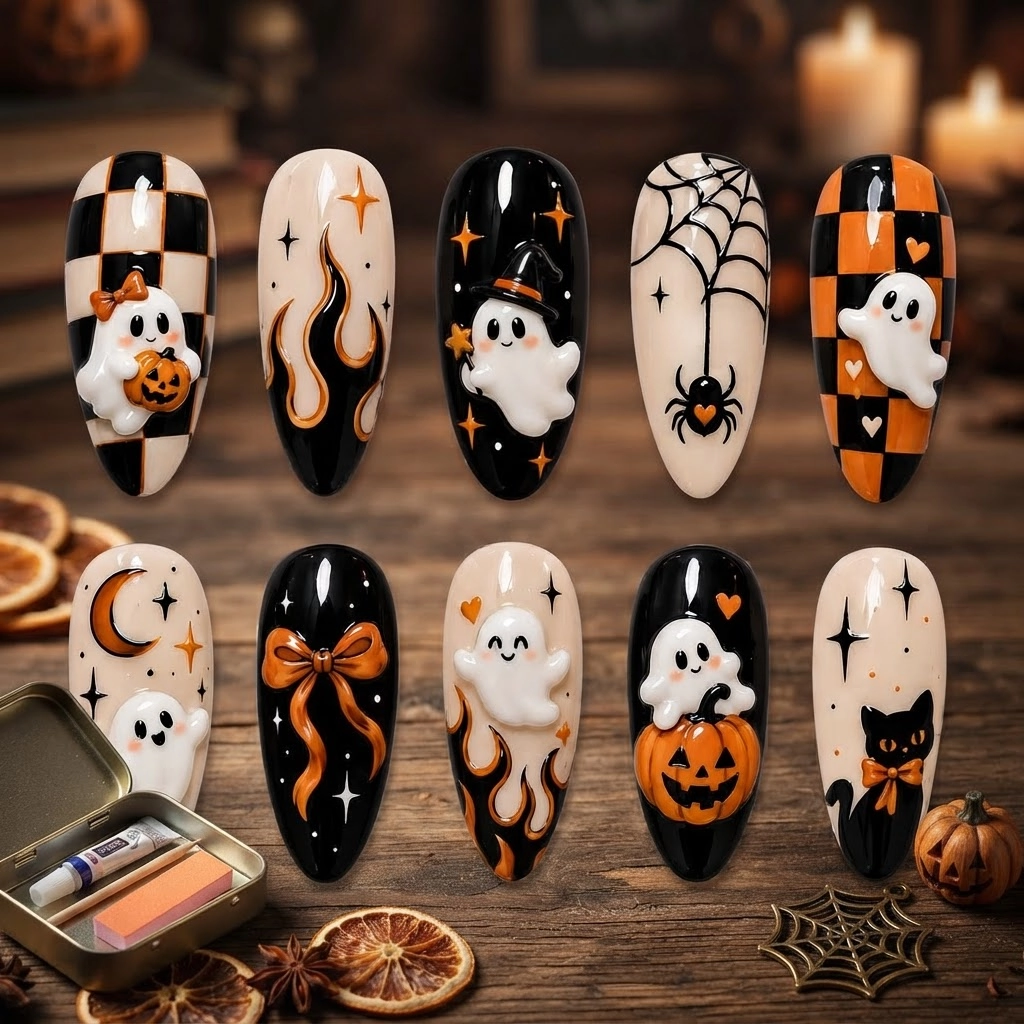 Black And Orange Ghost Pumpkin Spider Web Art, Press On Nails, Halloween Party