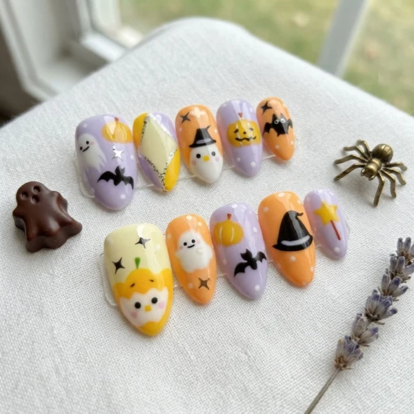 Colorful Halloween Ghost And Pumpkin Art, Press On Nails, For Spooky Season