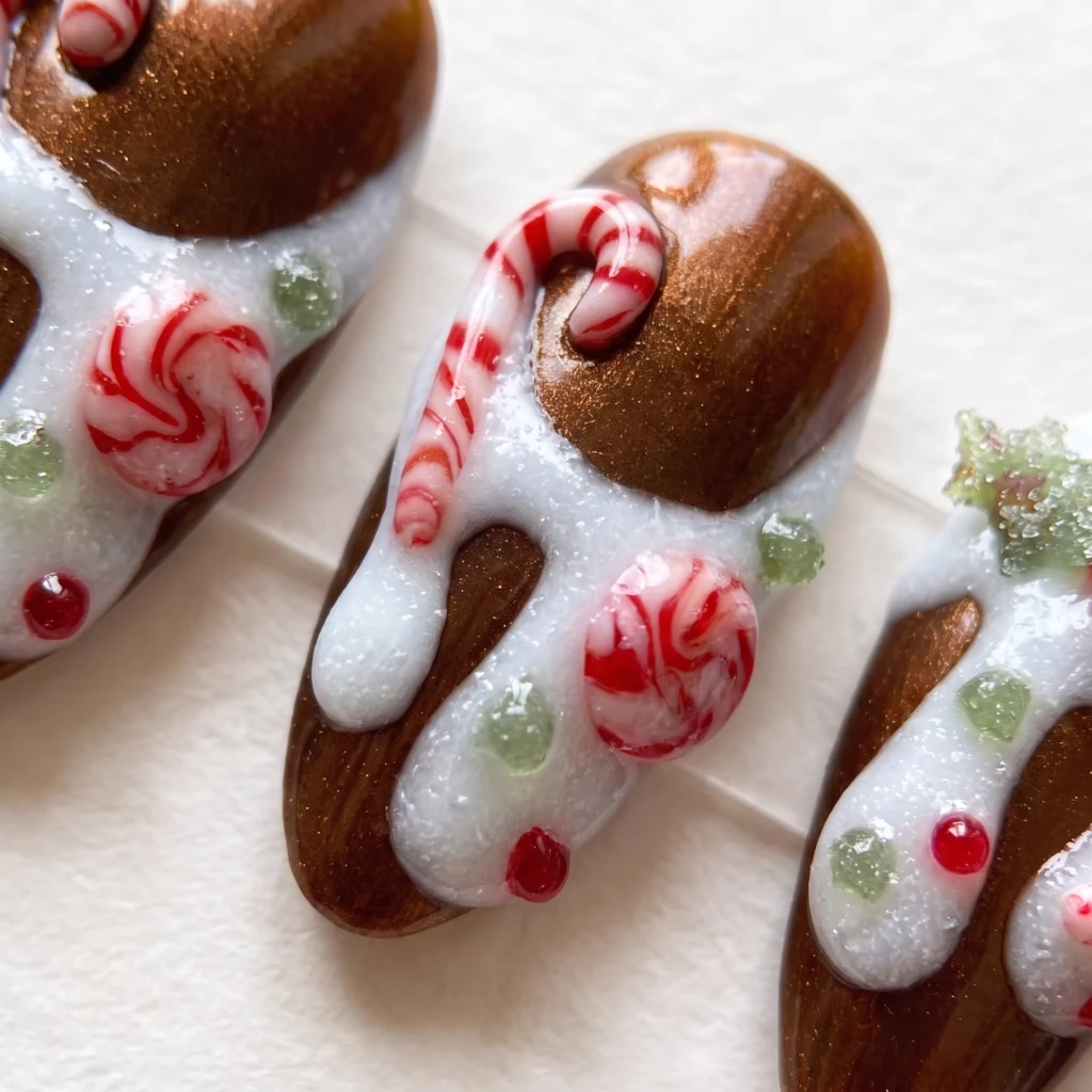 Brown 3D Candy Cane Icing, Almond Press On Nails, Festive Holiday Party