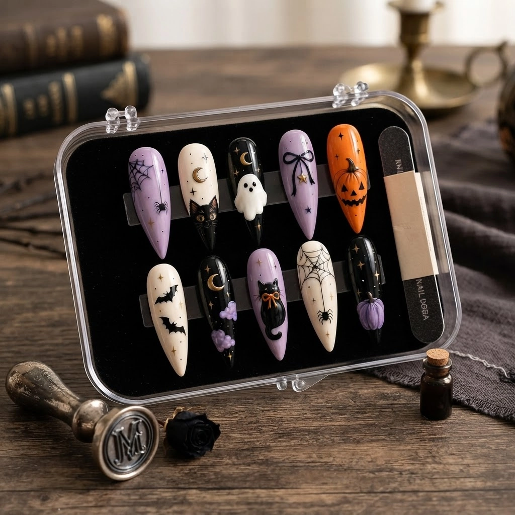 Purple And Black Cat Ghost Pumpkin Art, Press On Nails, Halloween Party