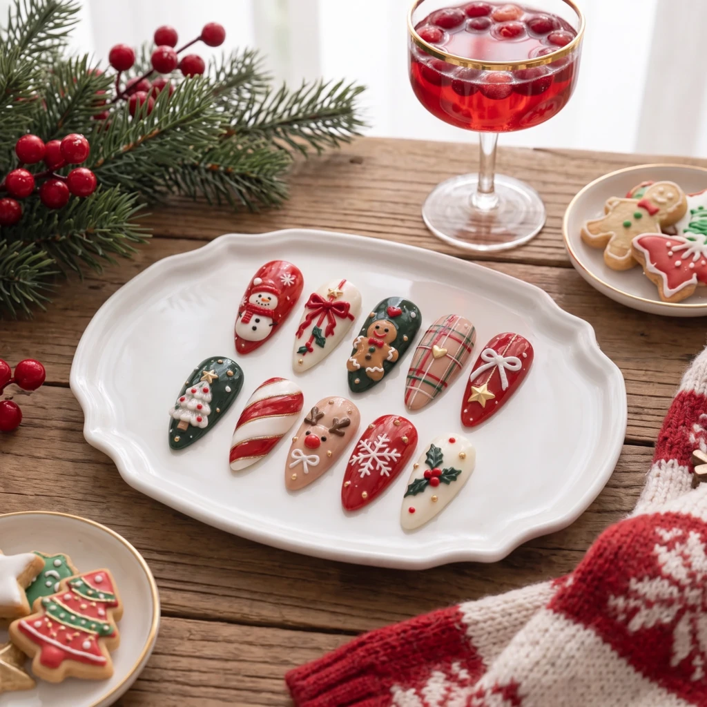Red And Green Gingerbread Snowman Art, Press On Nails, Christmas Party Wear