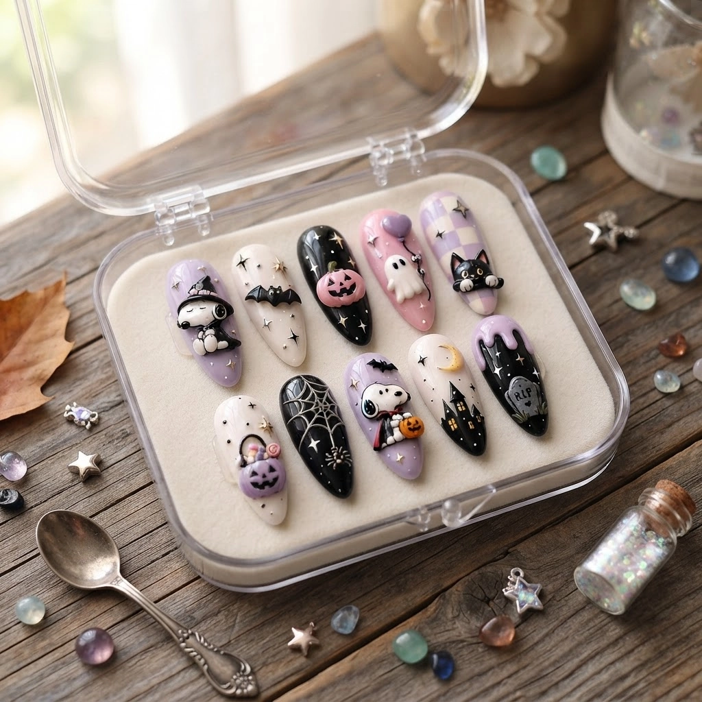Pastel Halloween Snoopy Pumpkin Ghost, Press On Nails, For Fall Parties