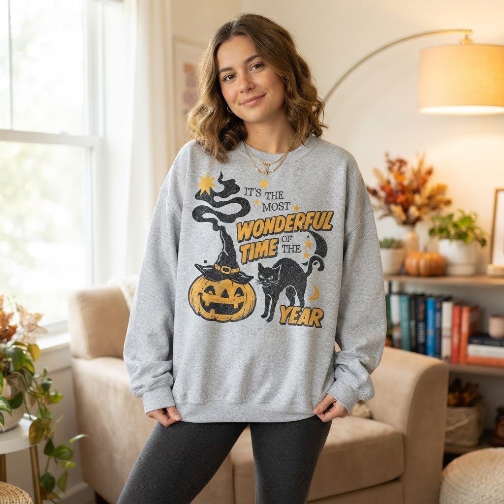 Most Wonderful Time Black Cat Pumpkin Design, Sweatshirt, Spooky Grey Fall
