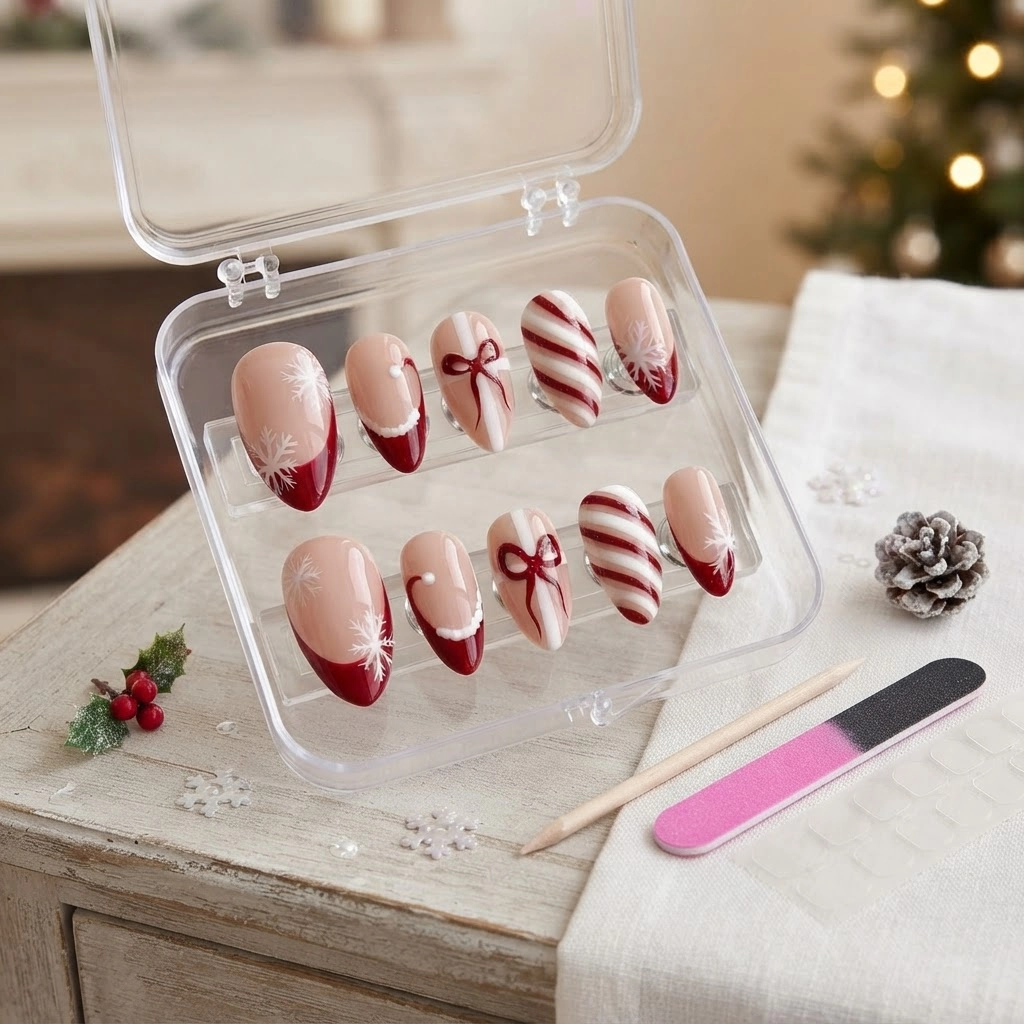 Red White Snowflake Bow Design, Handmade Press-On Nails, Christmas Holiday
